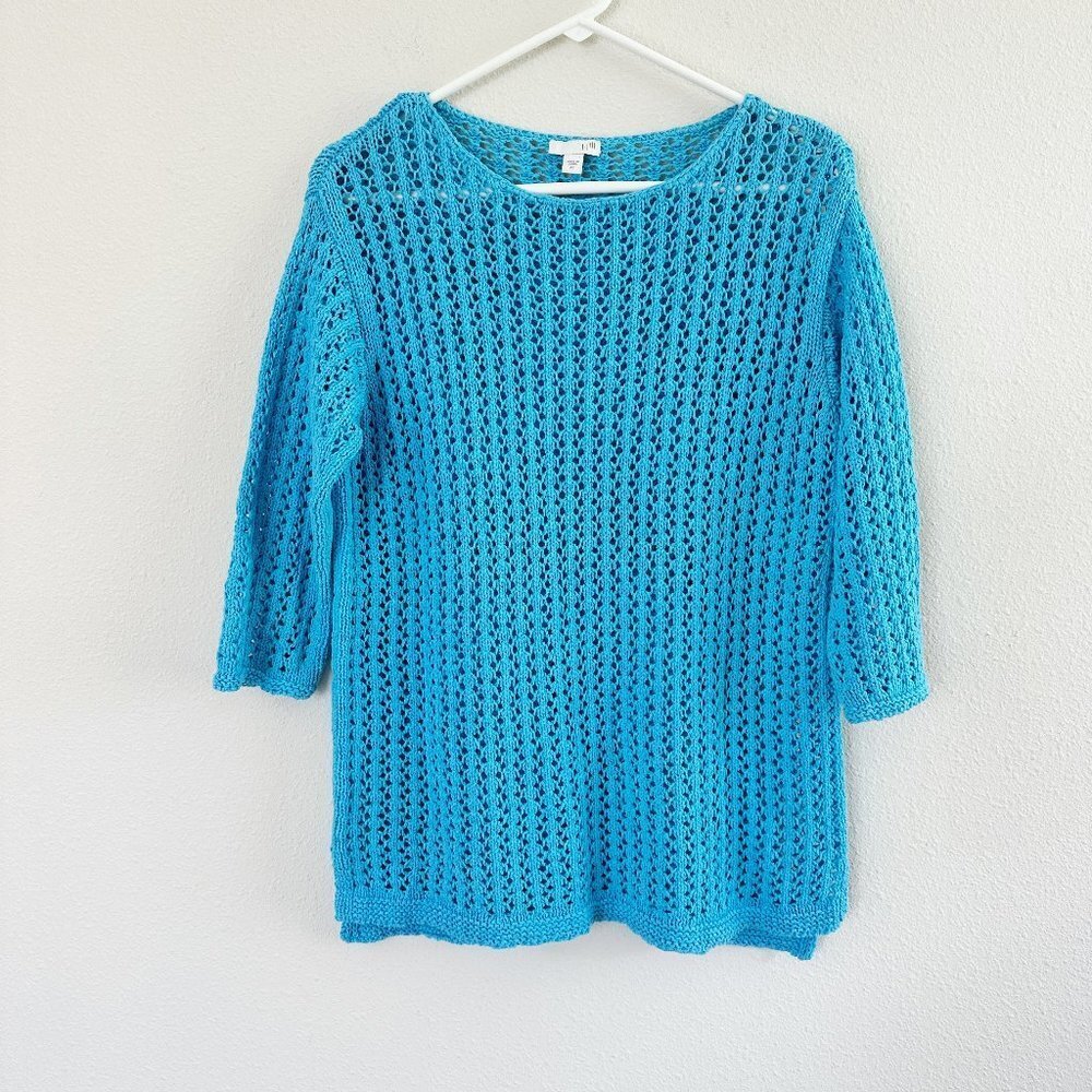 J Jill Sweater Size XS‎ Blue Open Knit Crochet 3/4 Sleeve Split Hem Pullover